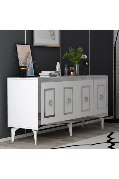 DEMONTE DECOR KARYA KONSOL 4 KAPAKLI RAFLI BEYAZ-GÜMÜŞ ürün görseli