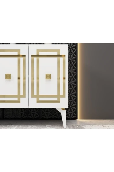 DEMONTE DECOR LOTUS KONSOL 4 KAPAKLI RAFLI KONSOL BEYAZ ALTIN - 3