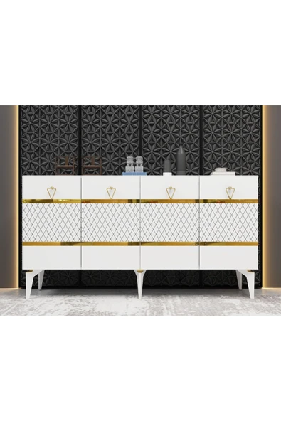 DEMONTE DECOR PELİN KONSOL 4 KAPAKLI RAFLI BEYAZ-ALTIN ürün görseli