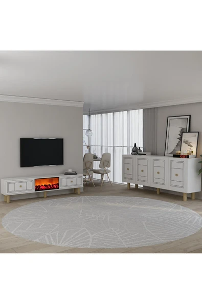DEMONTE DECOR DARİODD BOHEM KONSOL (KB150), BOHEM ŞÖMİNELİ (A) TV SEHPASI 2 Li SALON TAKIMI BEYAZ-BEYAZ ürün görseli