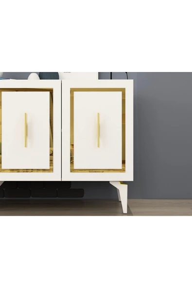 DEMONTE DECOR VANNESSA LAZER DESENLİ PLEKSİLİ KONSOL BEYAZ-ALTIN - 6