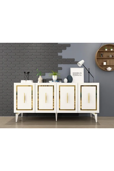 DEMONTE DECOR VANNESSA LAZER DESENLİ PLEKSİLİ KONSOL BEYAZ-ALTIN - 1