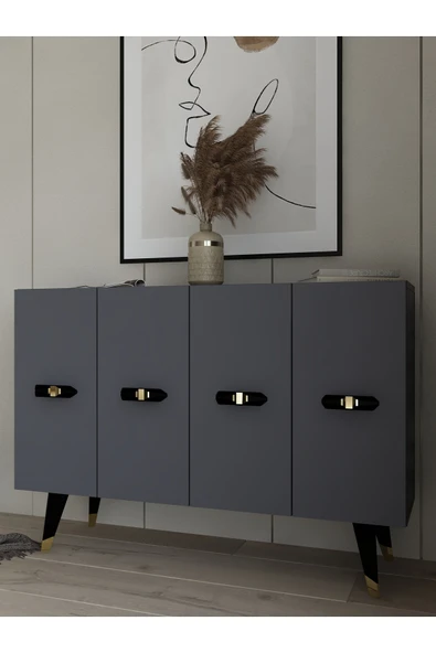 DEMONTE DECOR Quartdd (KM120) Konsol , Çok Amaçlı Dolap - Antrasit Altın (V KULP) - Resim 2