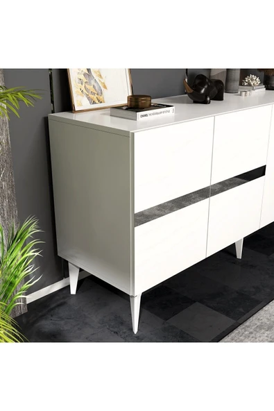 DEMONTE DECOR Vaniadh Konsol 4 Kapaklı Beyaz Gümüş - Resim 4