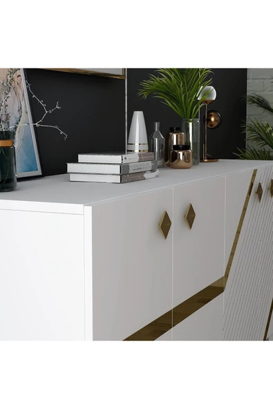 DEMONTE DECOR İRİS KONSOL 4 KAPAKLI RAFLI BEYAZ-ALTIN - Resim 3