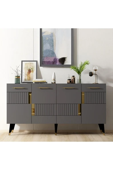 DEMONTE DECOR 4 Kapaklı Moda Konsol Antrasit-altın ürün görseli