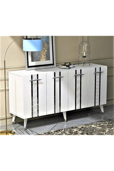 DEMONTE DECOR Assel Konsol Lazer Çizgili ,pleksi Desenli Beyaz-gümüş ürün görseli 1