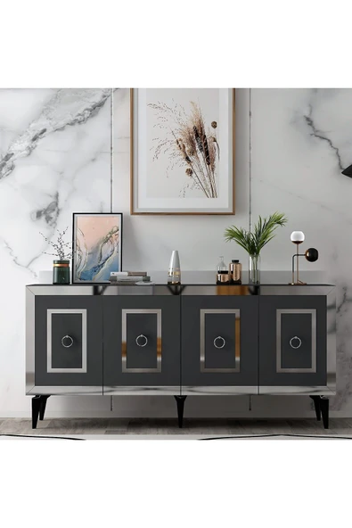 DEMONTE DECOR KARYA KONSOL 4 KAPAKLI RAFLI ANTRASİT-GÜMÜŞ ürün görseli