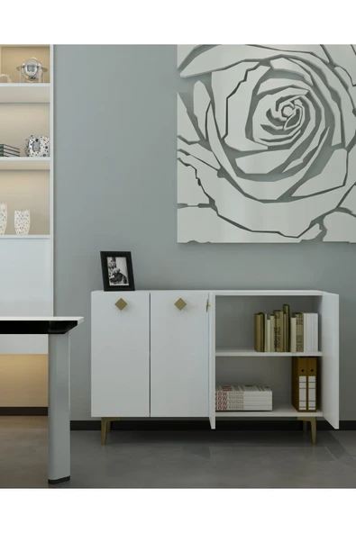DEMONTE DECOR MOREDD OFİS EVRAK DOLABI BEYAZ-BEYAZ-ALTIN - 1