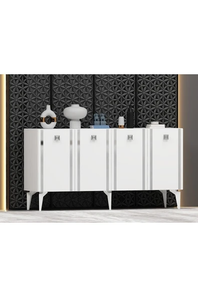 DEMONTE DECOR DORUK KONSOL 4 KAPAKLI RAFLI BEYAZ- GÜMÜŞ - Resim 2