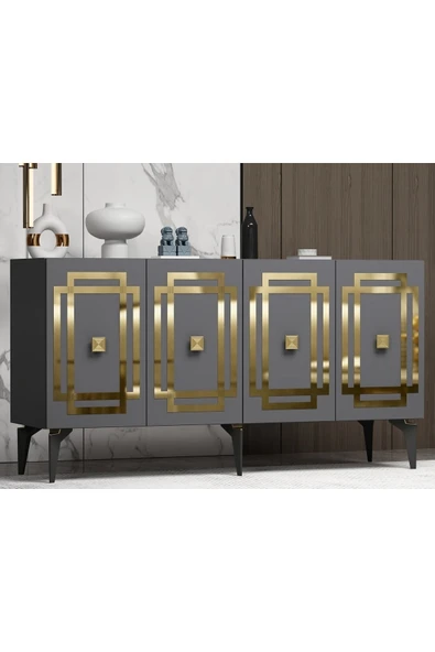 DEMONTE DECOR Lotus Konsol 4 Kapaklı Raflı Antrasit Altın - Resim 2