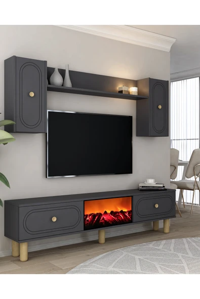 DEMONTE DECOR POLENDH BOHEM ŞÖMİNELİ (A) TV ÜNİTESİ TAKIMI ANTRASİT-ANTRASİT - 2
