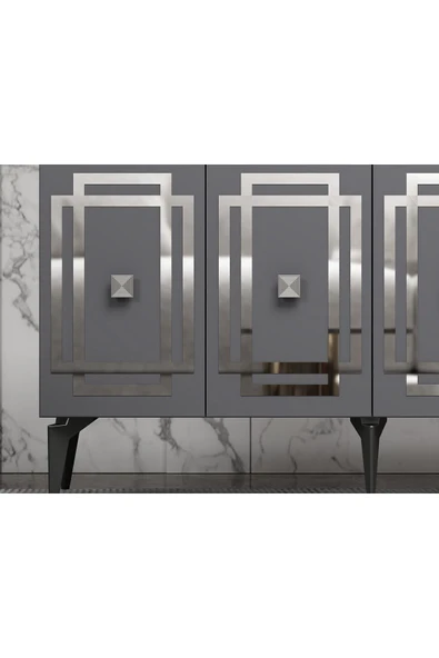 DEMONTE DECOR Lotus Konsol 4 Kapaklı Raflı Antrasit Gümüş - Resim 3