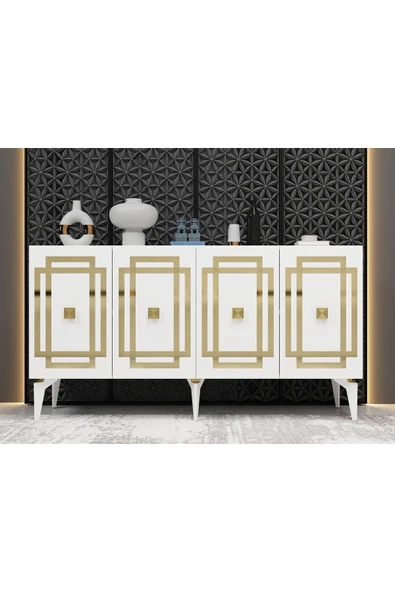 DEMONTE DECOR LOTUS KONSOL 4 KAPAKLI RAFLI KONSOL BEYAZ ALTIN - 1