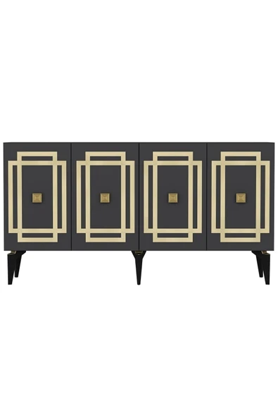 DEMONTE DECOR Lotus Konsol 4 Kapaklı Raflı Antrasit Altın - Resim 4