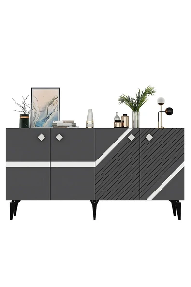 DEMONTE DECOR İRİS KONSOL 4 KAPAKLI RAFLI ANTRASİT-GÜMÜŞ - Resim 5