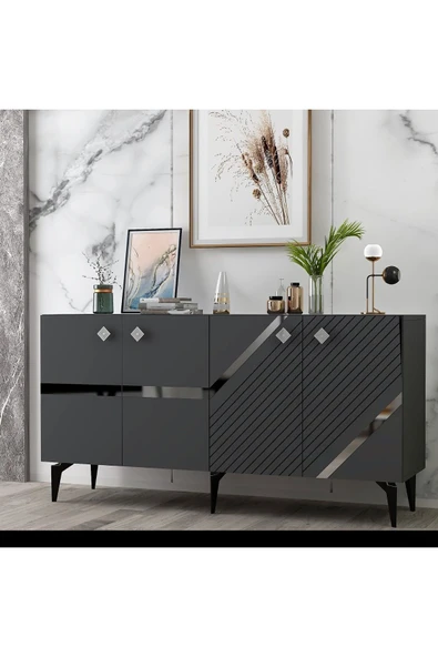 DEMONTE DECOR İRİS KONSOL 4 KAPAKLI RAFLI ANTRASİT-GÜMÜŞ ürün görseli