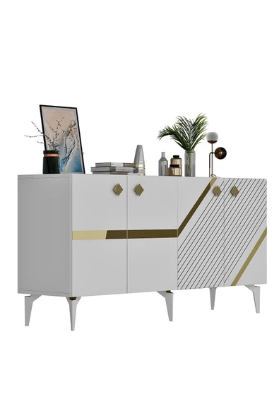 DEMONTE DECOR İRİS KONSOL 4 KAPAKLI RAFLI BEYAZ-ALTIN - Resim 5