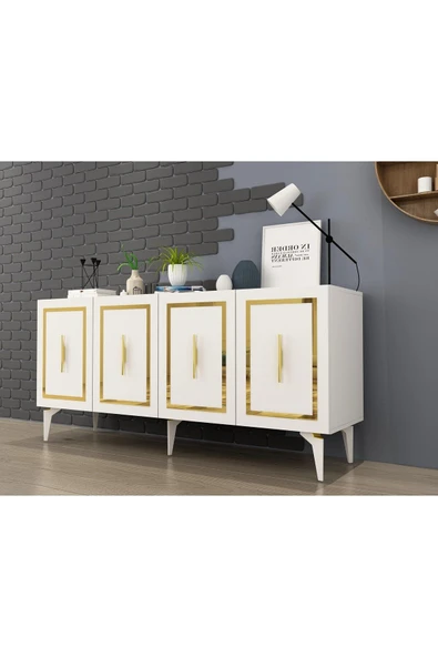 DEMONTE DECOR VANNESSA LAZER DESENLİ PLEKSİLİ KONSOL BEYAZ-ALTIN - 3