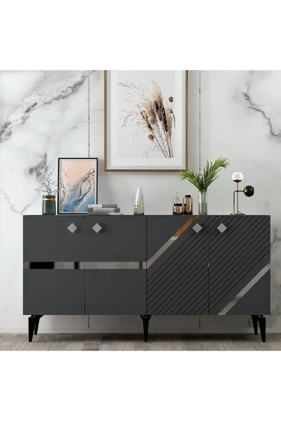 DEMONTE DECOR İRİS KONSOL 4 KAPAKLI RAFLI ANTRASİT-GÜMÜŞ - Resim 2