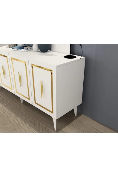 DEMONTE DECOR VANNESSA LAZER DESENLİ PLEKSİLİ KONSOL BEYAZ-ALTIN - 5