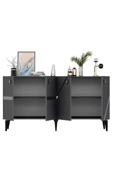 DEMONTE DECOR İRİS KONSOL 4 KAPAKLI RAFLI ANTRASİT-GÜMÜŞ - Resim 6