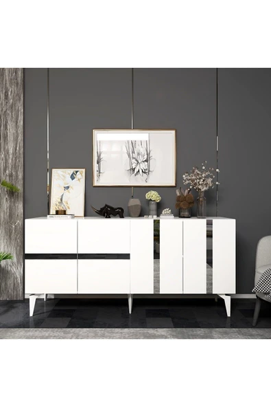 DEMONTE DECOR Vaniadh Konsol 4 Kapaklı Beyaz Gümüş - Resim 2