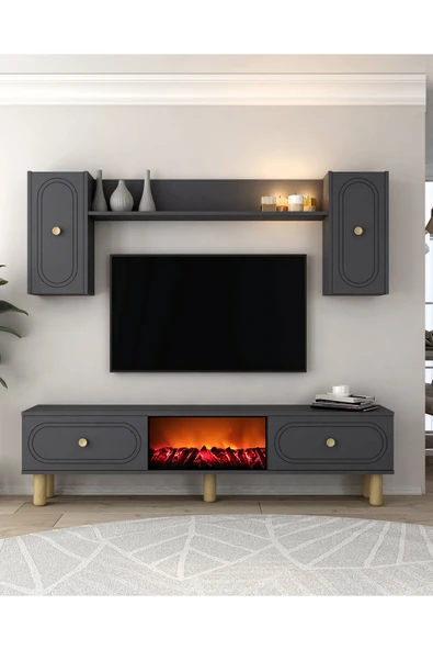 DEMONTE DECOR POLENDH BOHEM ŞÖMİNELİ (A) TV ÜNİTESİ TAKIMI ANTRASİT-ANTRASİT - 1
