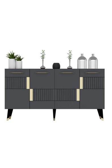 DEMONTE DECOR 4 Kapaklı Moda Konsol Antrasit-altın - Resim 4