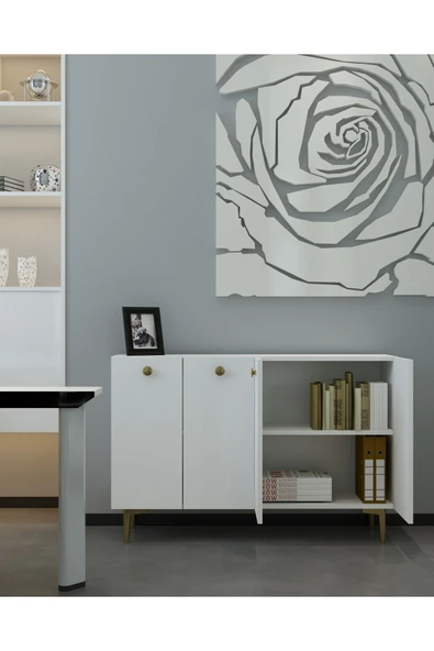 DEMONTE DECOR BETTYDD OFİS EVRAK DOLABI BEYAZ-BEYAZ-ALTIN - 1