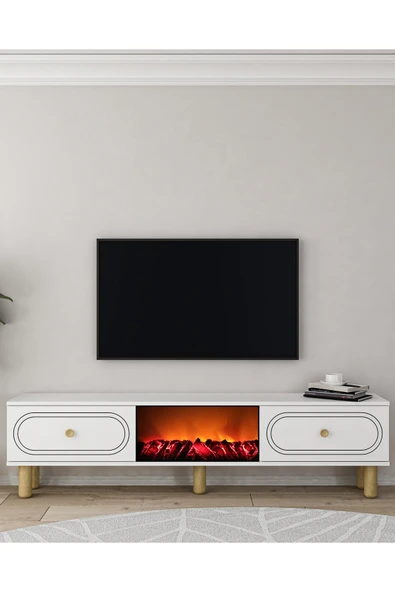 DEMONTE DECOR POLENDH BOHEM ŞÖMİNE (A) TV SEHPASI (ALT MODÜL) BEYAZ-BEYAZ ürün görseli 1