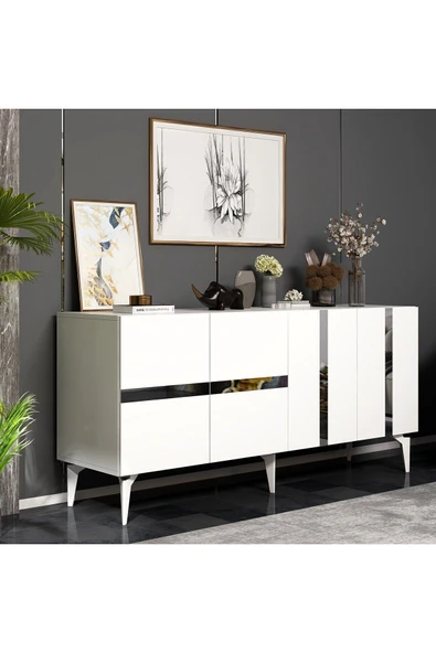 DEMONTE DECOR Vaniadh Konsol 4 Kapaklı Beyaz Gümüş ürün görseli