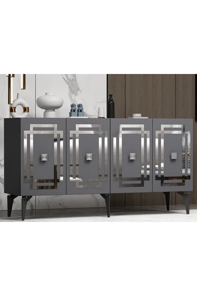 DEMONTE DECOR Lotus Konsol 4 Kapaklı Raflı Antrasit Gümüş - Resim 2