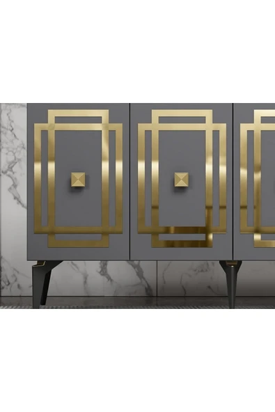 DEMONTE DECOR Lotus Konsol 4 Kapaklı Raflı Antrasit Altın - Resim 3