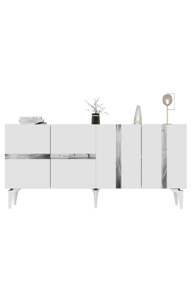 DEMONTE DECOR Vaniadh Konsol 4 Kapaklı Beyaz Gümüş - Resim 5