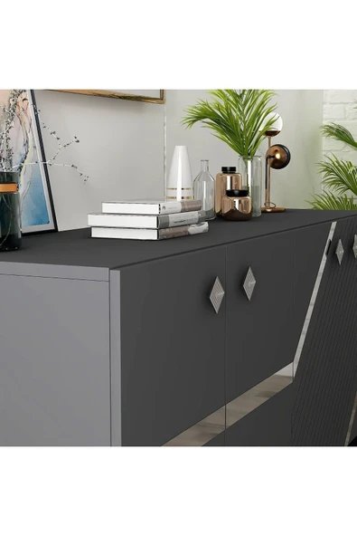 DEMONTE DECOR İRİS KONSOL 4 KAPAKLI RAFLI ANTRASİT-GÜMÜŞ - Resim 3