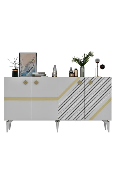 DEMONTE DECOR İRİS KONSOL 4 KAPAKLI RAFLI BEYAZ-ALTIN - Resim 6