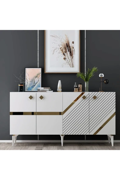 DEMONTE DECOR İRİS KONSOL 4 KAPAKLI RAFLI BEYAZ-ALTIN - Resim 2