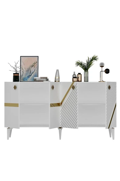 DEMONTE DECOR İRİS KONSOL 4 KAPAKLI RAFLI BEYAZ-ALTIN - Resim 7