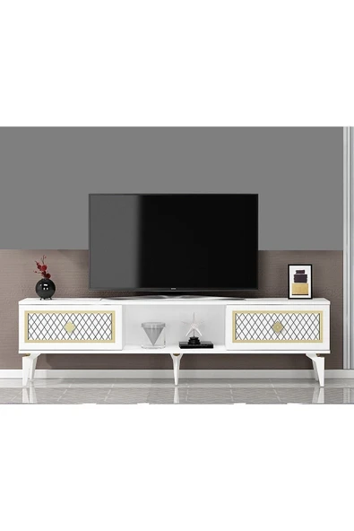 DEMONTE DECOR 2 Kapaklı, Raflı Herry Tv Sehpası Alt Modül Beyaz-altın ürün görseli 1
