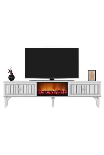 DEMONTE DECOR FLLAME ŞÖMİNELİ TV SEHPASI (ALT MODÜL) BEYAZ-GÜMÜŞ - 5