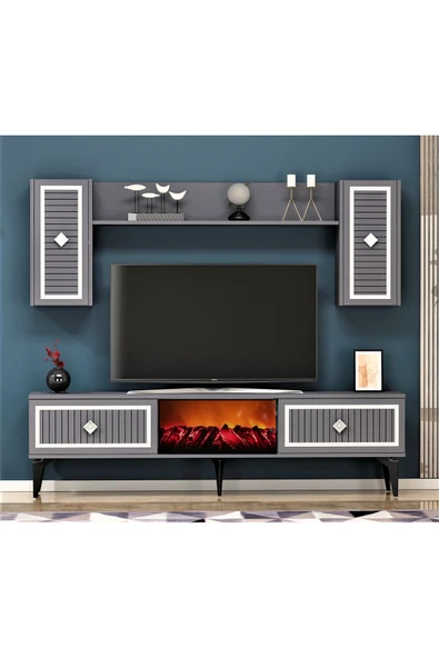 DEMONTE DECOR NİLL ŞÖMİNELİ TV ÜNİTESİ TAKIMI ANTRASİT GÜMÜŞ - 1
