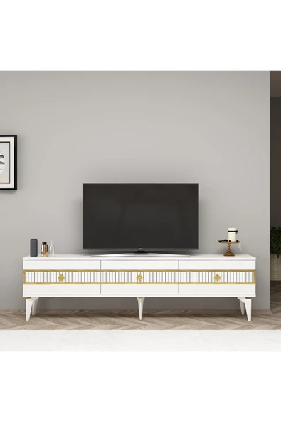 DEMONTE DECOR NOVVA TV SEHPASI (alt modül) ve KONSOL 2'Lİ SALON TAKIMI BEYAZ-ALTIN - Resim 5