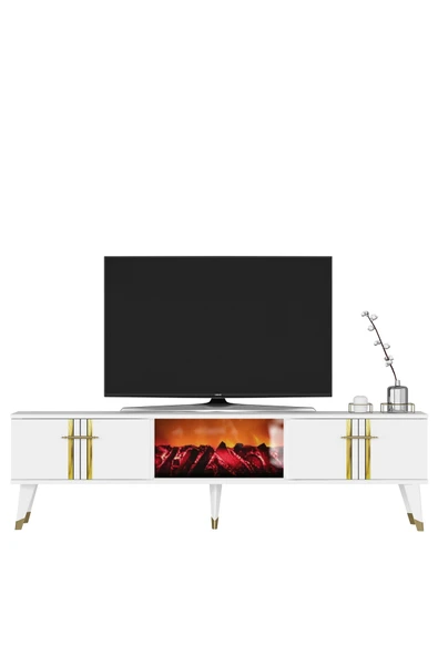 DEMONTE DECOR ASSEL  ŞÖMİNELİ TV SEHPASI (ALT MODÜL) BEYAZ-ALTIN - Resim 3