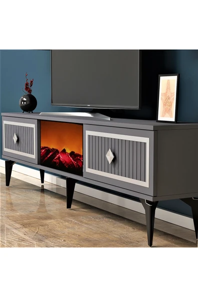 DEMONTE DECOR NİLL ŞÖMİNELİ TV SEHPASI ANTRASİT-GÜMÜŞ - Resim 2