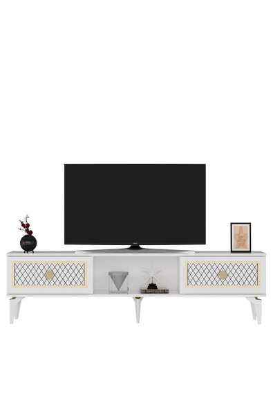 DEMONTE DECOR 2 Kapaklı, Raflı Herry Tv Sehpası Alt Modül Beyaz-altın - Resim 4