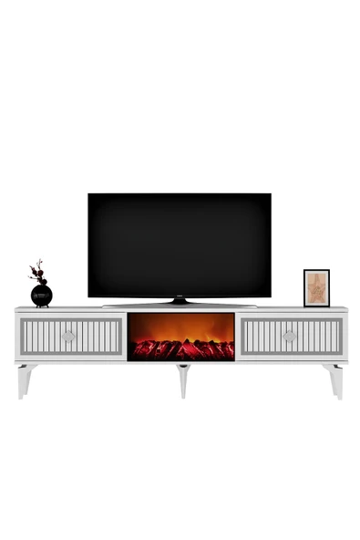 DEMONTE DECOR NİLL ŞÖMİNELİ TV SEHPASI BEYAZ-GÜMÜŞ - Resim 5