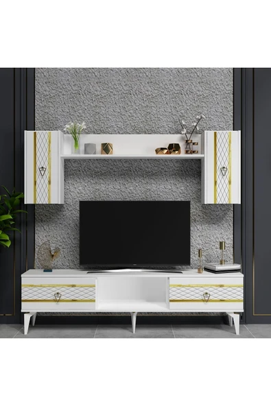 DEMONTE DECOR PELİN TV ÜNİTESİ TAKIMI BEYAZ-ALTIN - 1