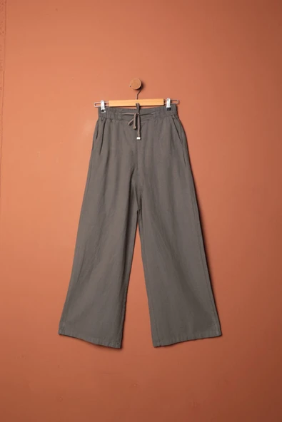 Keten Kumaş Bol Paça Kadın Pantolon-Antrasit ürün görseli