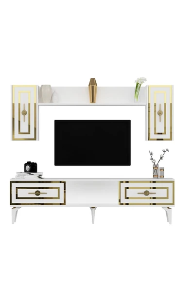 DEMONTE DECOR VİOLA TV ÜNİTESİ TAKIMI BEYAZ-ALTIN - Resim 7